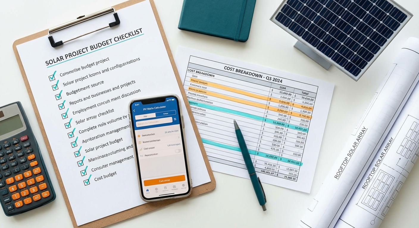 Solar project budgeting checklist with calculator and cost breakdown spreadsheet