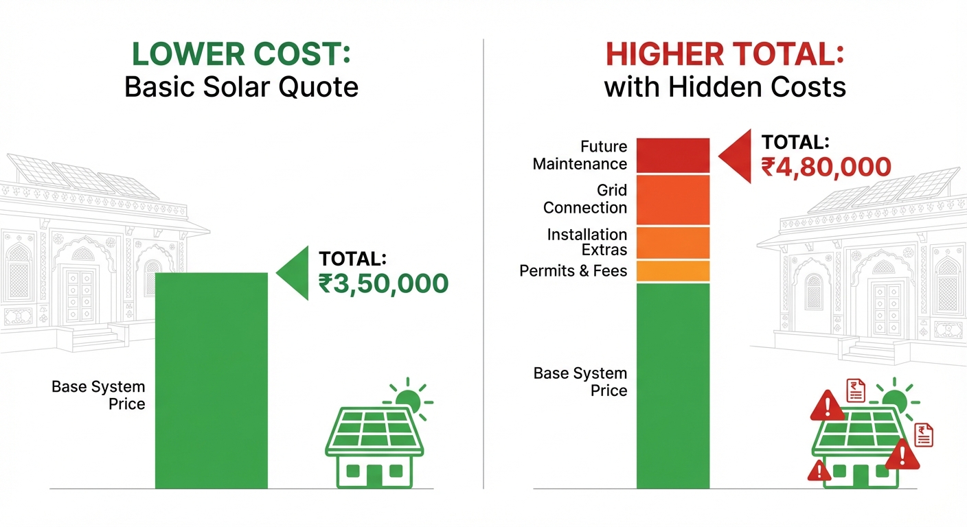 Comparison showing quoted solar price versus actual total cost with hidden expenses