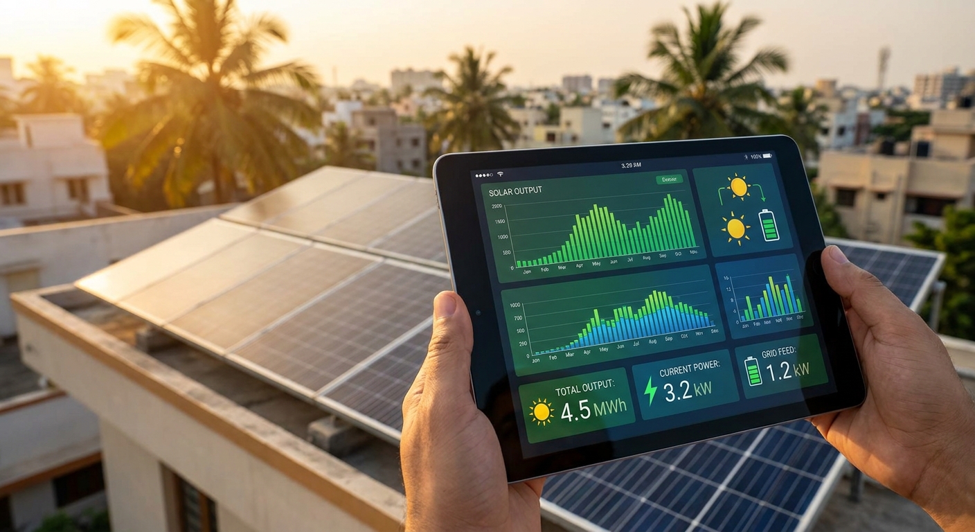 solar monitoring dashboard on tablet with rooftop solar panels in background