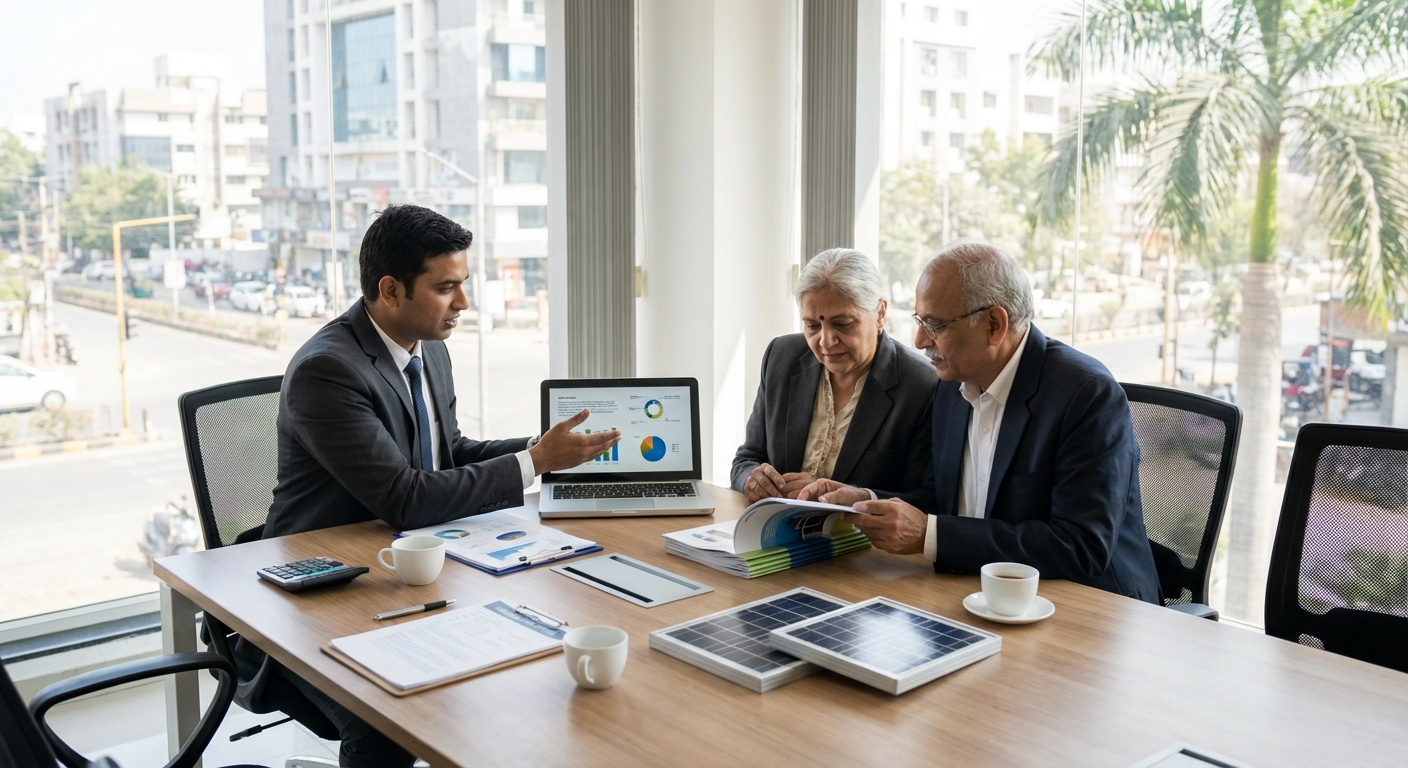 Professional desk scene with government solar subsidy documents, forms, certificates, and solar panel model representing PM-KUSUM scheme