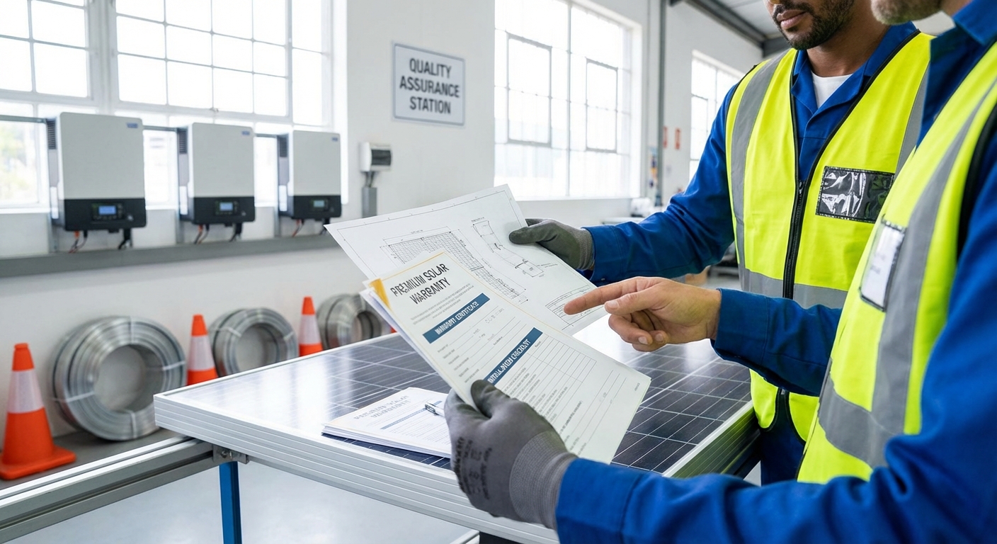 Solar installation professionals examining quality solar panels and warranty documents with equipment in background