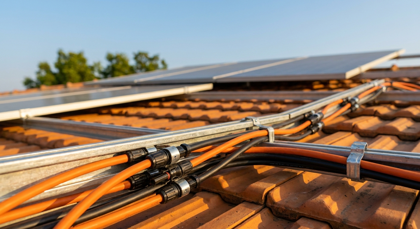 solar cables and MC4 connectors on a rooftop solar installation in Gujarat