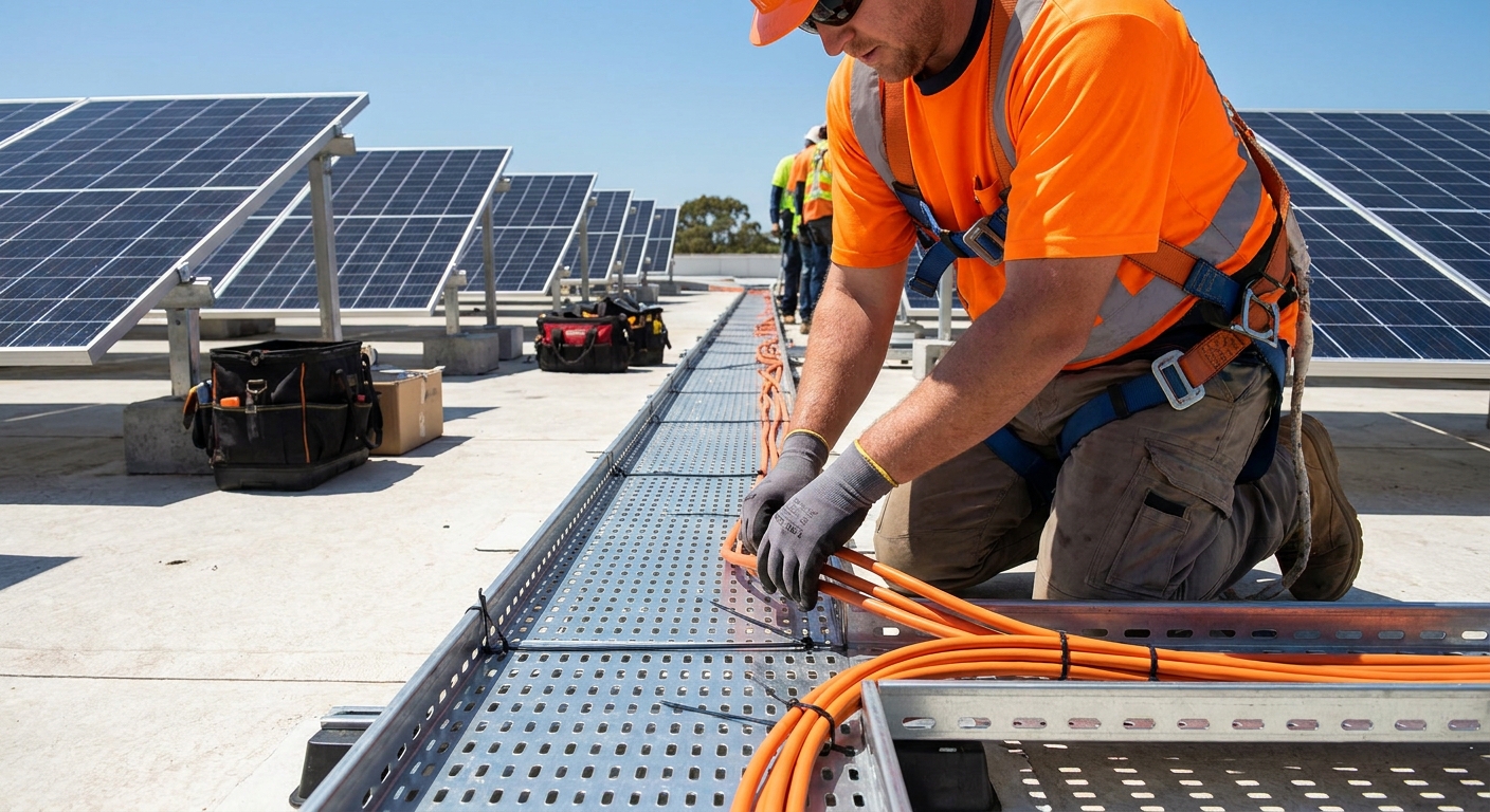 solar EPC technician routing and securing solar cables during rooftop installation in Gujarat