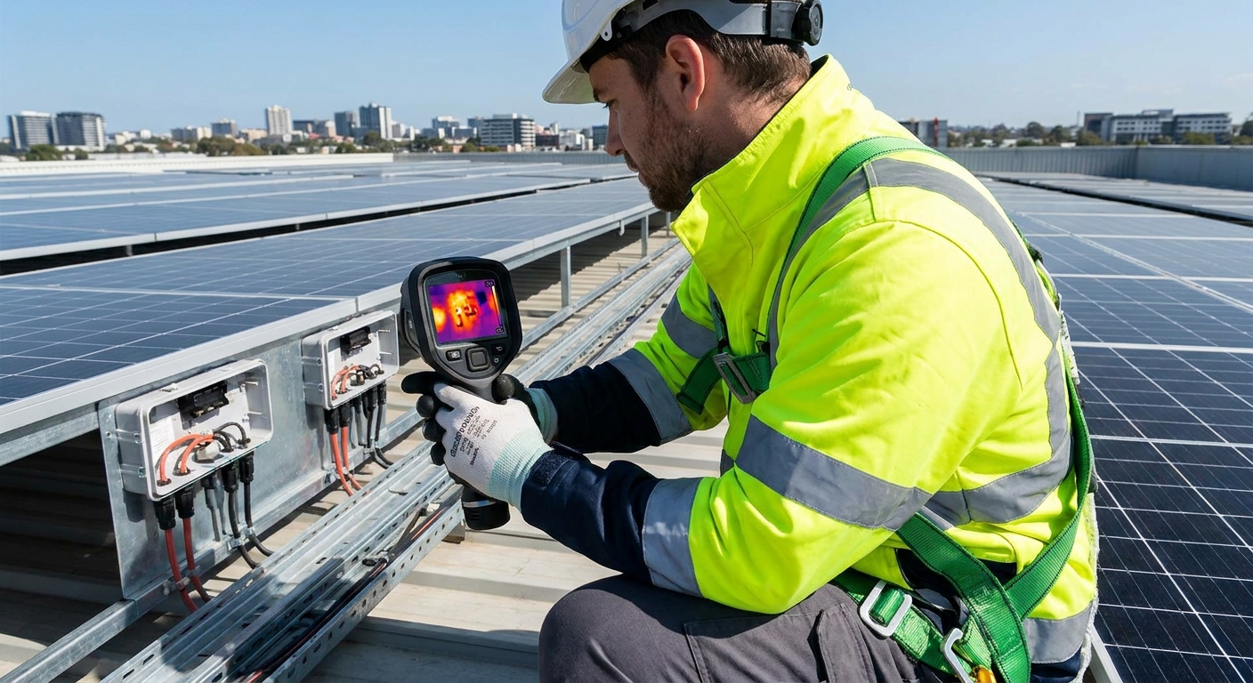 solar maintenance technician using thermal imaging camera to inspect solar cables and connections