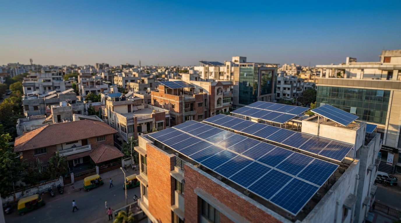 Solar Ahmedabad rooftop installations with clear blue sky and urban cityscape