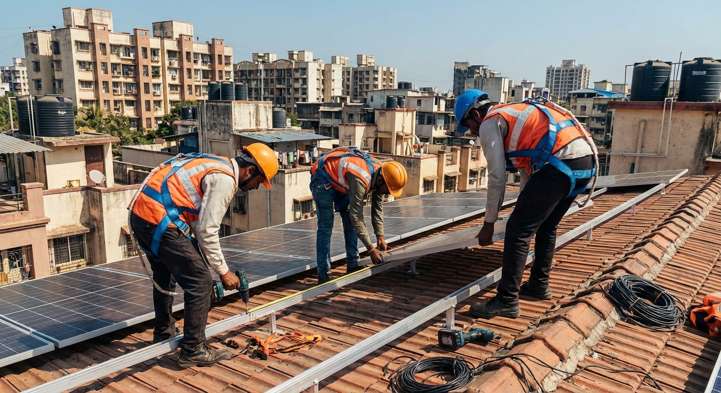 Professional solar installation team working on rooftop solar Ahmedabad project with safety equipment