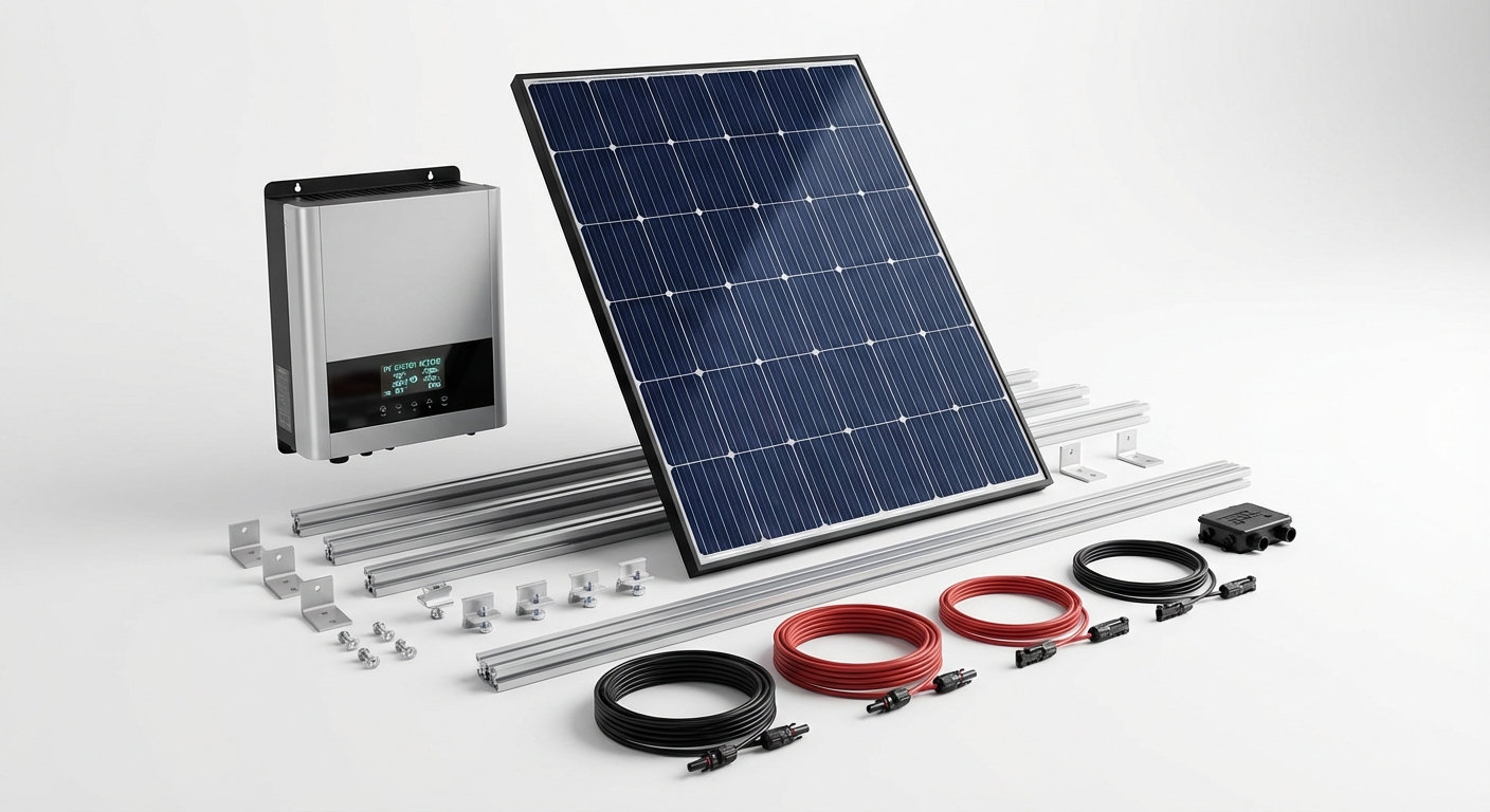Solar installation components including panels, inverters, and mounting structures