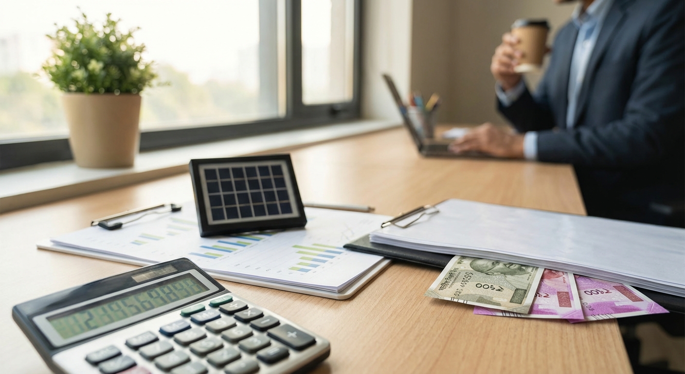 Solar investment concept with calculator and financial planning documents