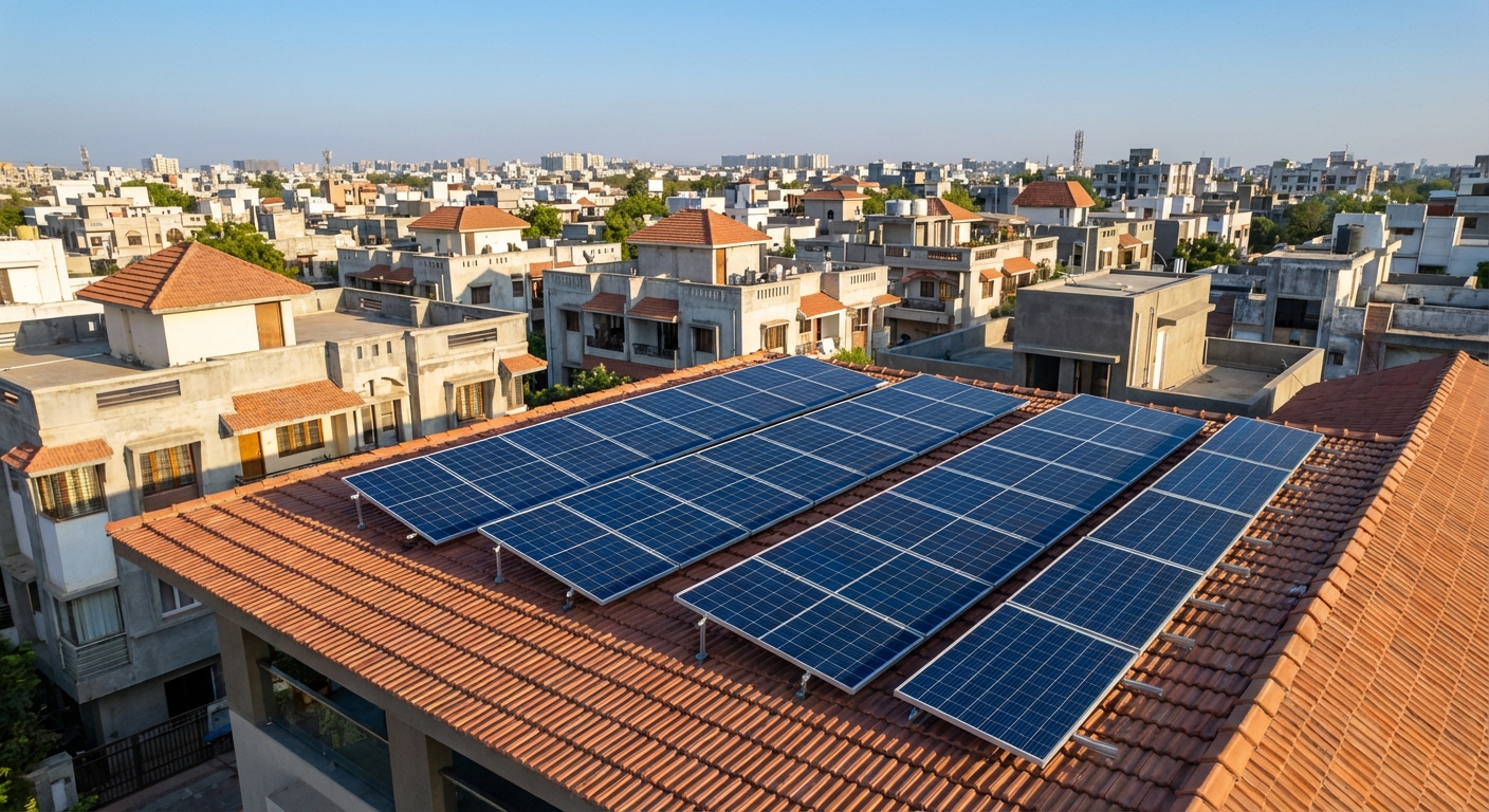 Modern solar panel installation on rooftop in Gujarat with clear blue sky