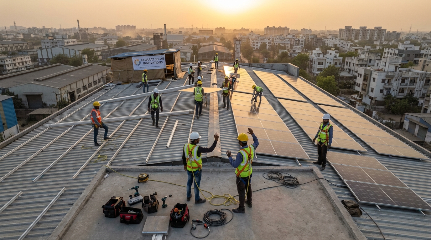 Professional installation team working on solar panel mounting on commercial rooftop in Gujarat