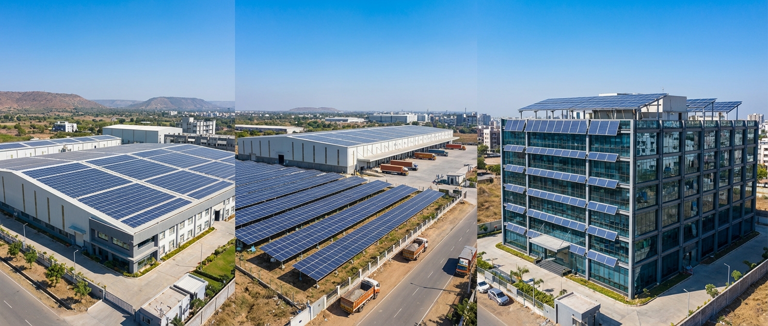 Industrial solar Gujarat installations on various commercial facilities including factories and warehouses