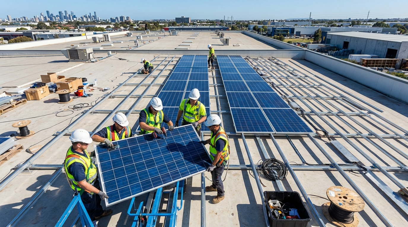 Solar installation Gujarat technicians installing commercial solar panels on rooftop