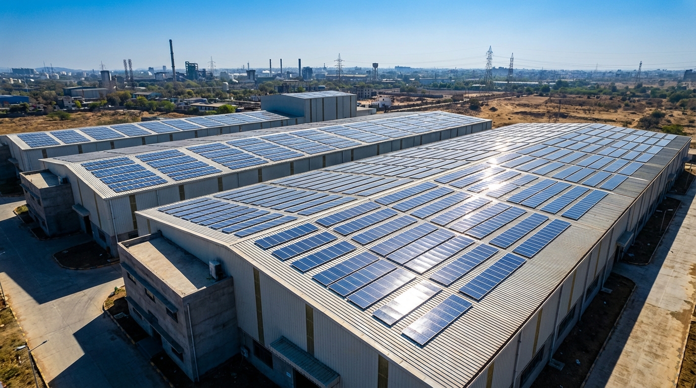 Commercial solar Gujarat installation on industrial factory rooftop with solar panels