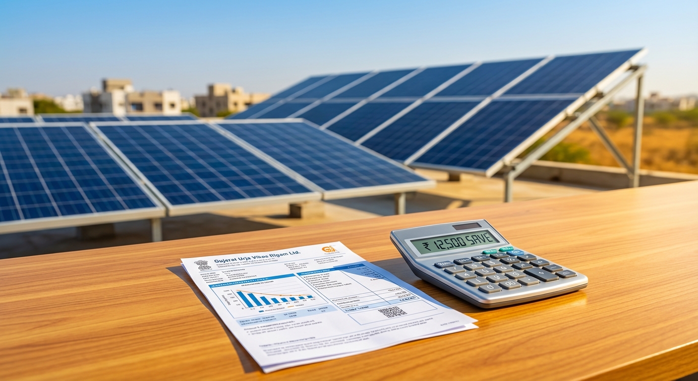 Solar savings calculator showing rooftop solar panels in Gujarat with electricity bill and calculator