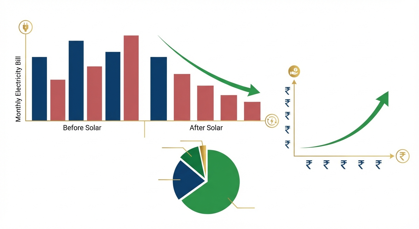 Solar savings calculation showing monthly and annual electricity bill reduction with charts and graphs