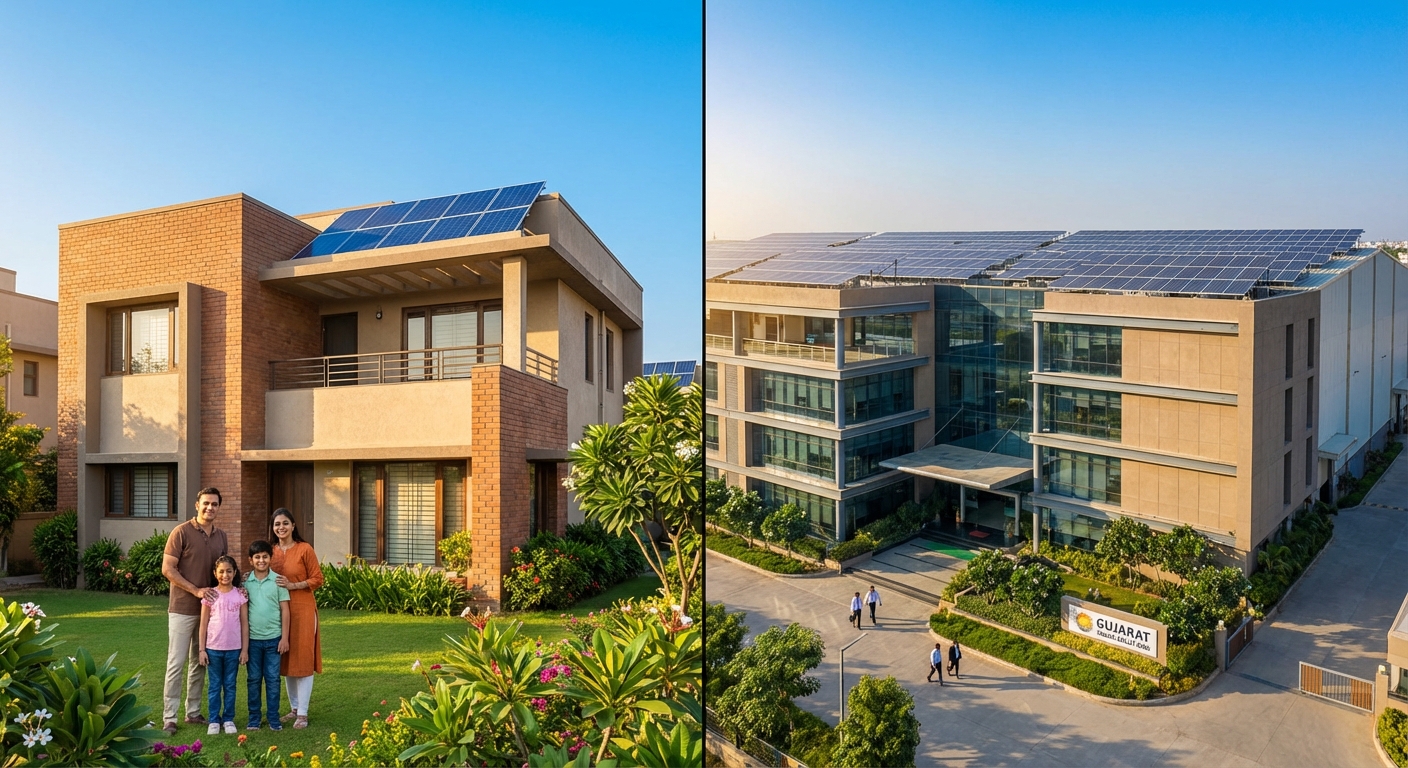 Real solar savings examples showing residential and commercial solar installations in Gujarat