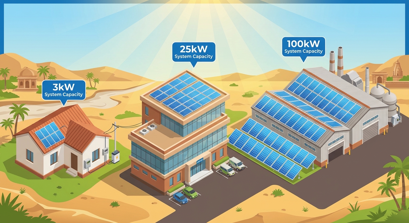 Different solar system sizes for residential, commercial, and industrial properties in Gujarat