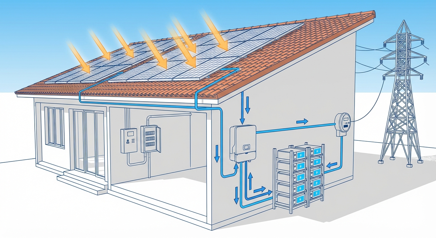 hybrid solar system Gujarat showing grid connection and battery backup integration
