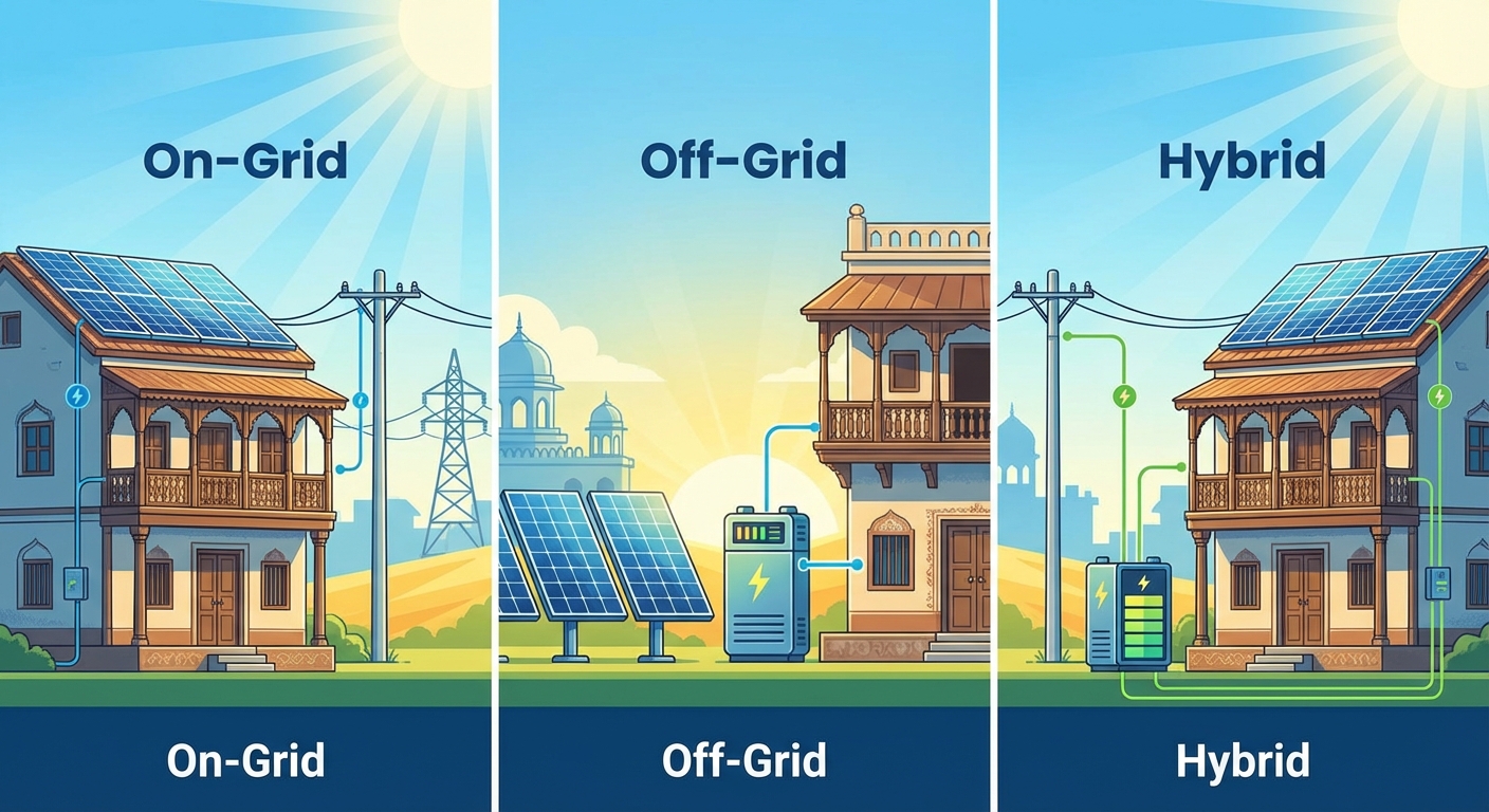 solar systems Gujarat comparison showing on-grid off-grid and hybrid installations