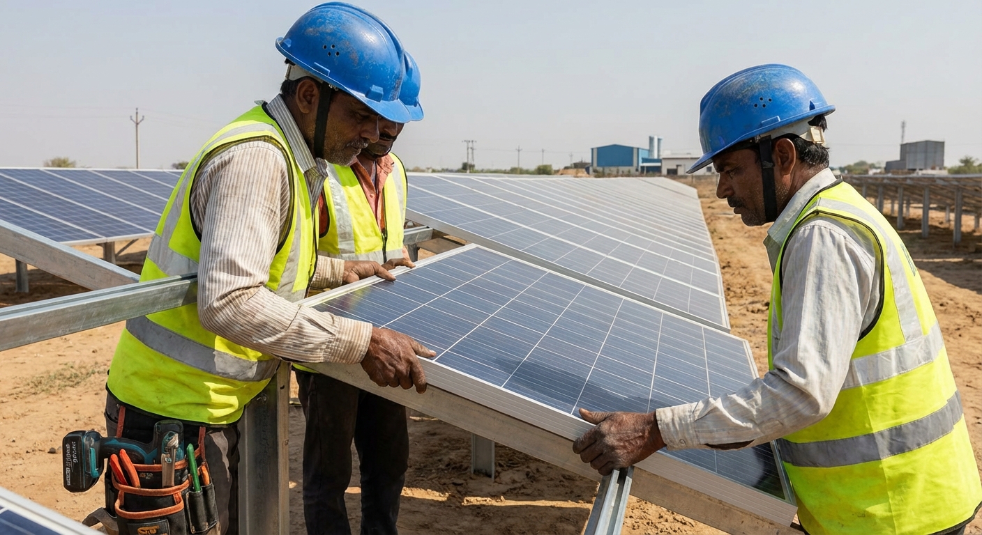 construction phase of solar EPC services showing professional installation of solar panels