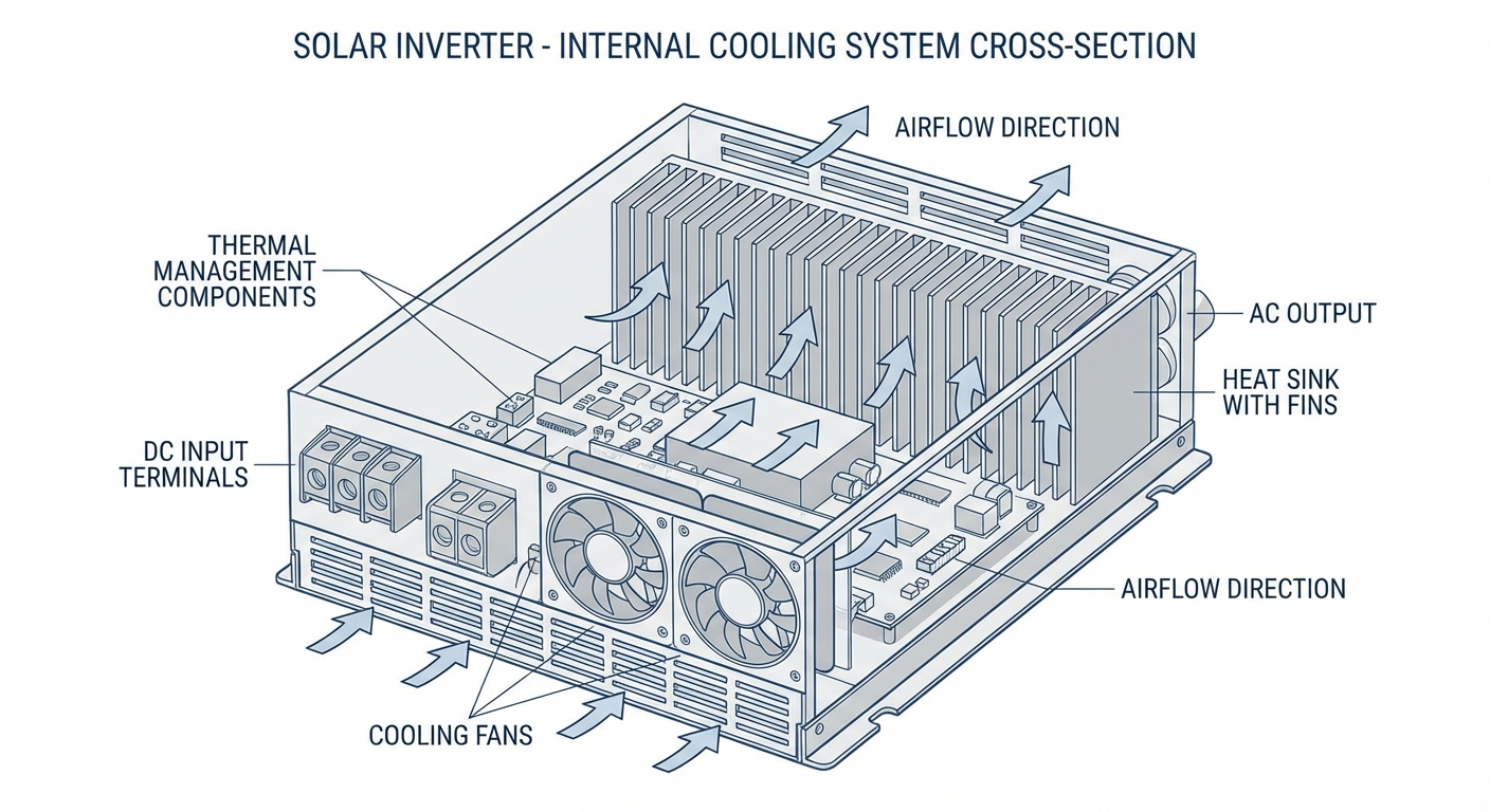 Proper solar inverter installation showing ventilation clearances and shade protection