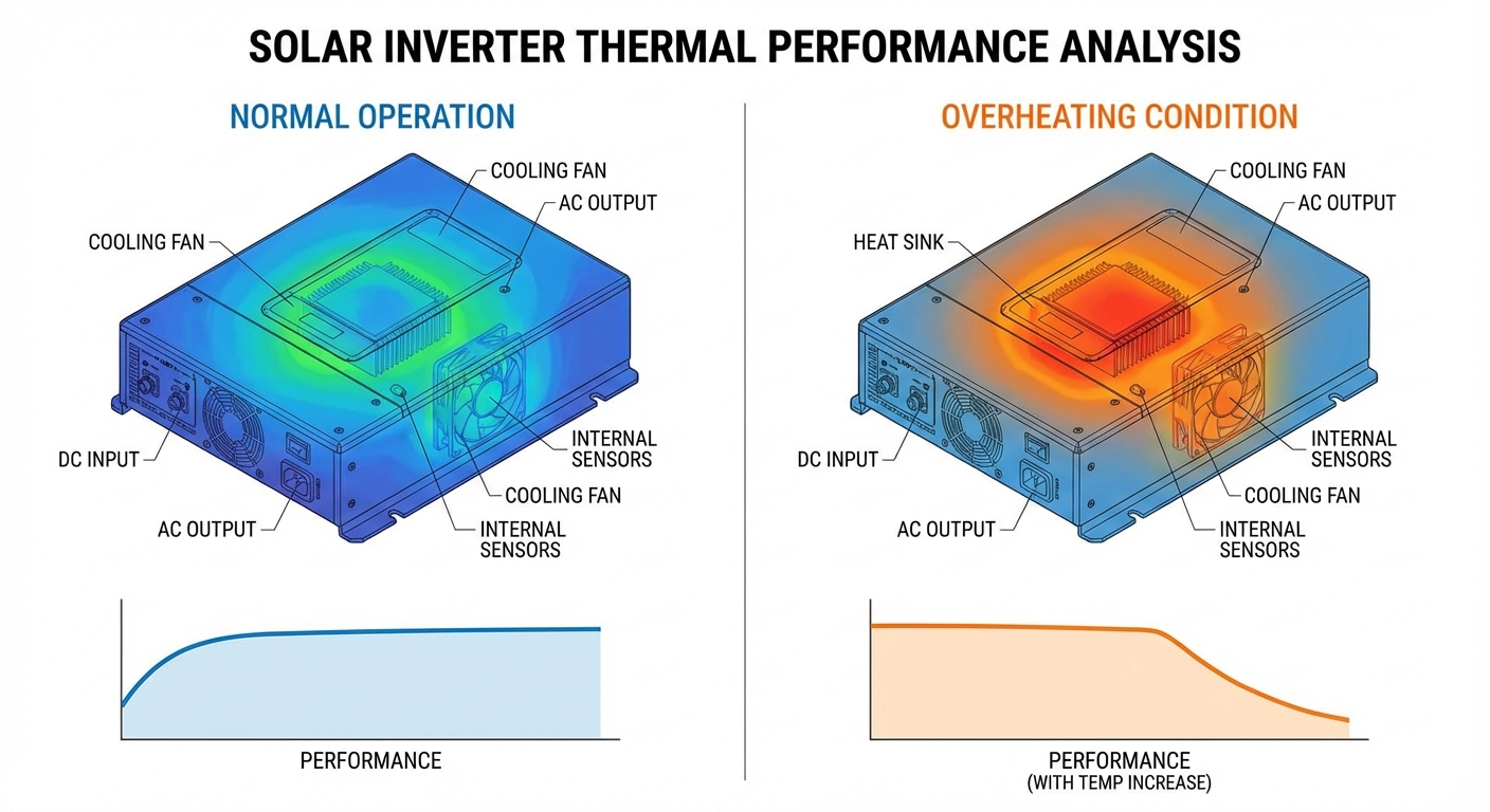 Inverter overheating impact on performance showing thermal imaging and efficiency degradation