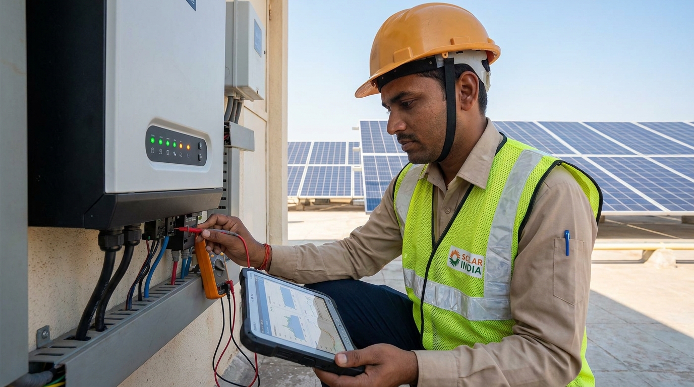 Solar technician performing inverter testing and commissioning on rooftop installation in India