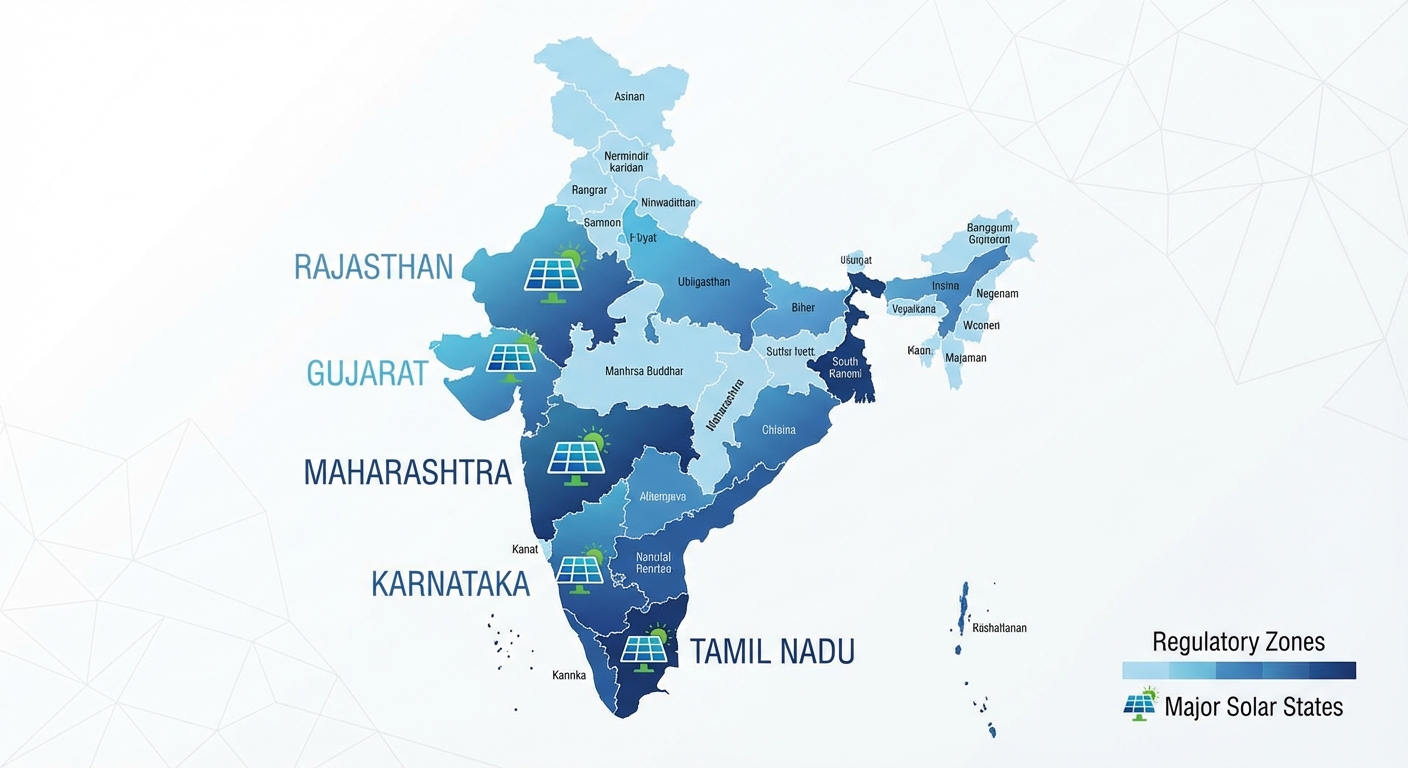 India map showing state-specific solar inverter regulations and compliance zones across different regions