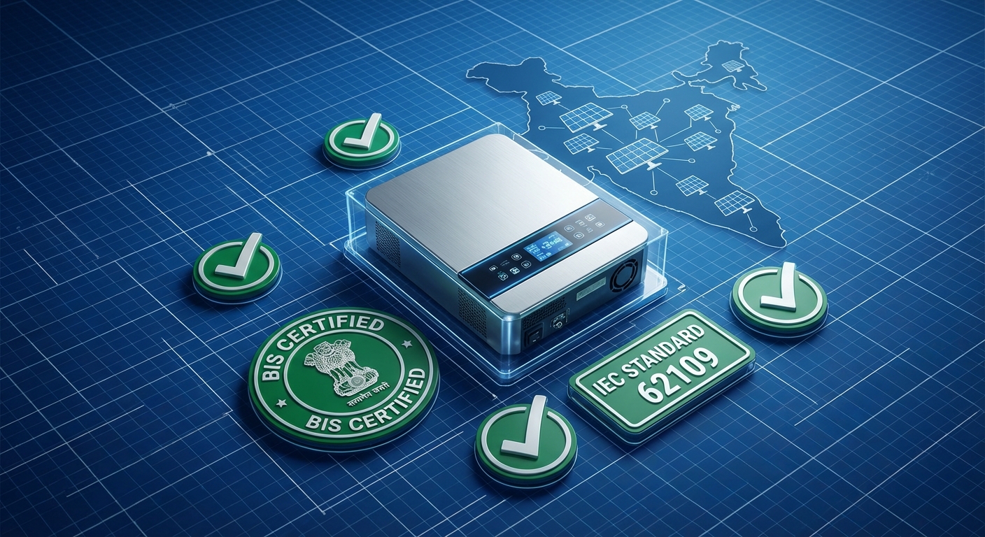 Solar inverter regulations India compliance certification concept with BIS and IEC standards