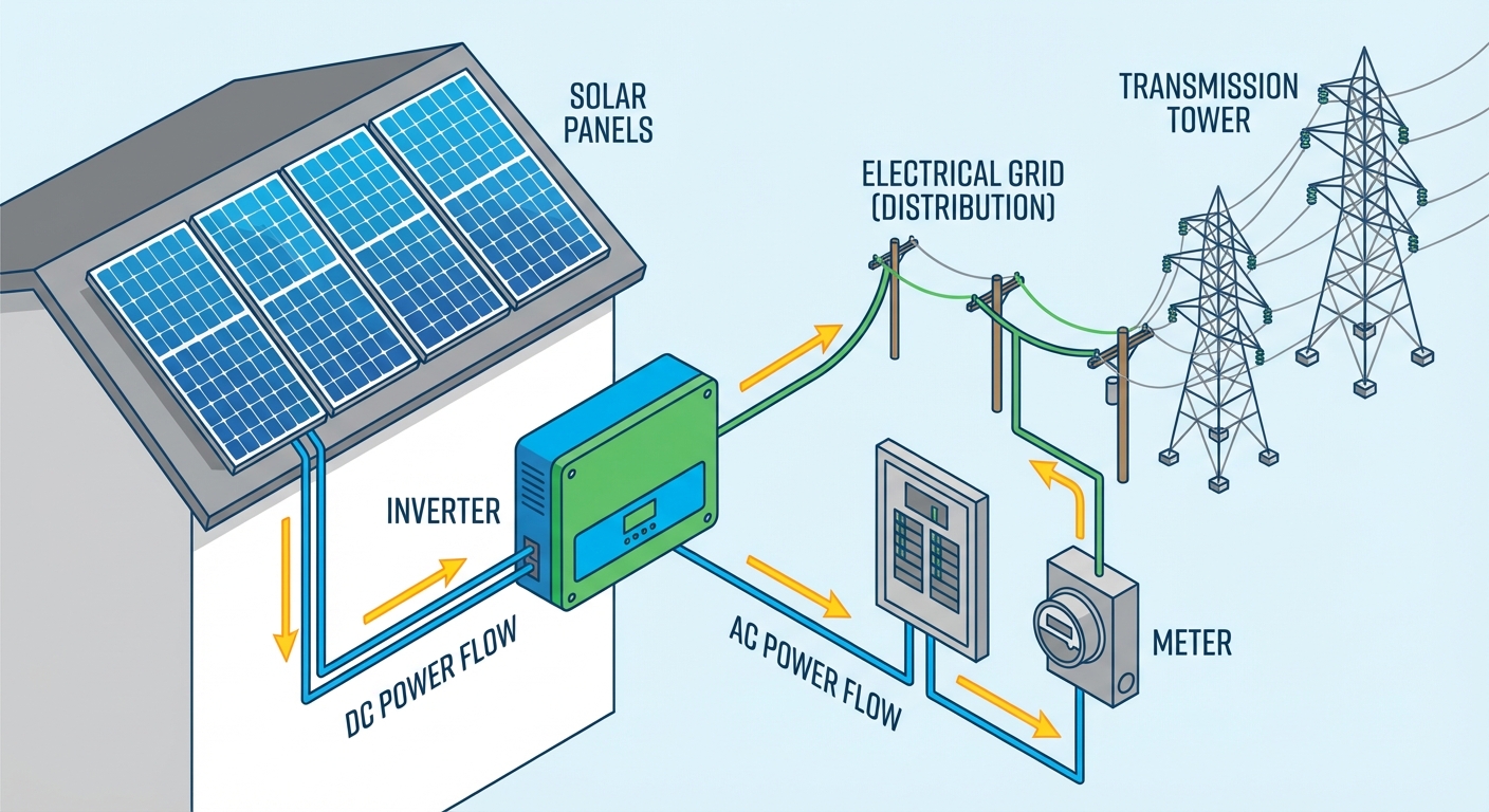 Solar grid connectivity system showing inverter regulations India requirements for power distribution