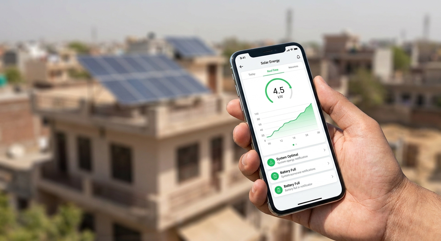 Hand holding smartphone with solar monitoring dashboard showing real-time inverter noise alerts and performance data for Indian rooftop installation