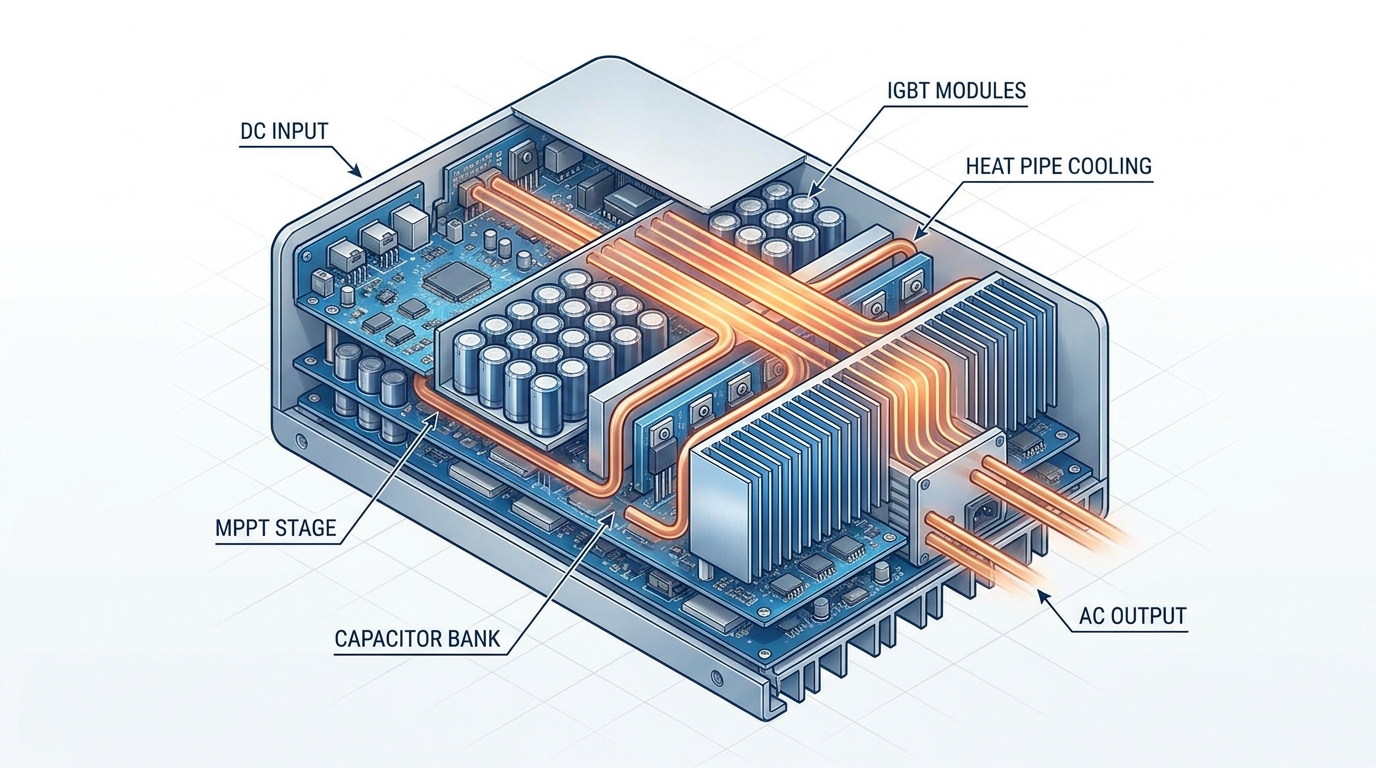 Cross-section technical illustration of solar inverter internal components showing precision engineering and thermal management for low inverter noise