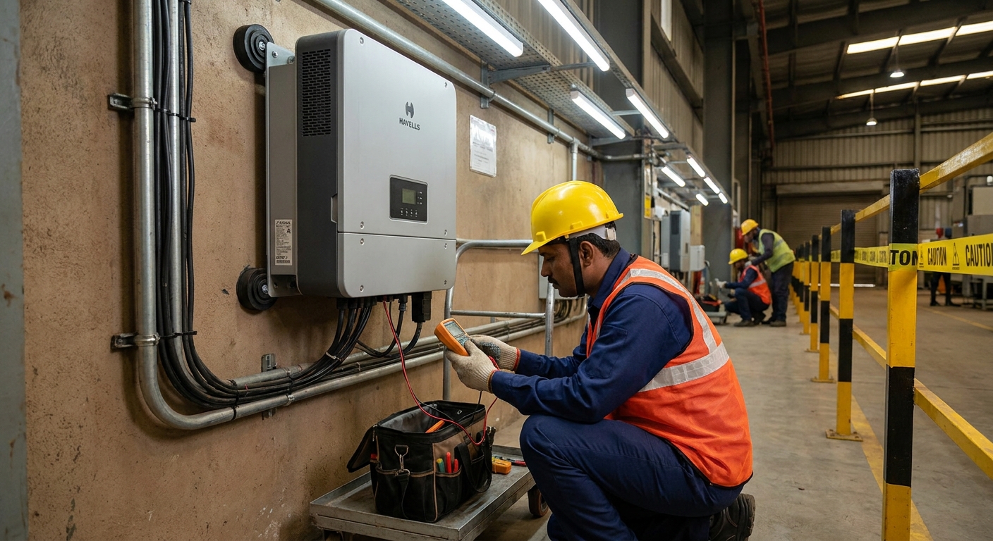 Solar technician performing maintenance on wall-mounted inverter with anti-vibration mounting pads to reduce inverter noise