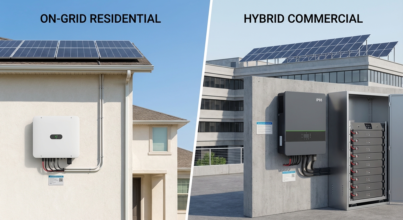 Comparison of on-grid and hybrid inverter selection for different solar installation types
