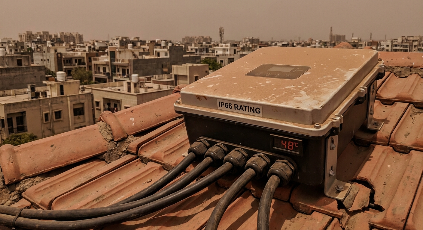 Smartphone displaying AI-powered solar inverter monitoring system with WhatsApp notifications for inverter commissioning India