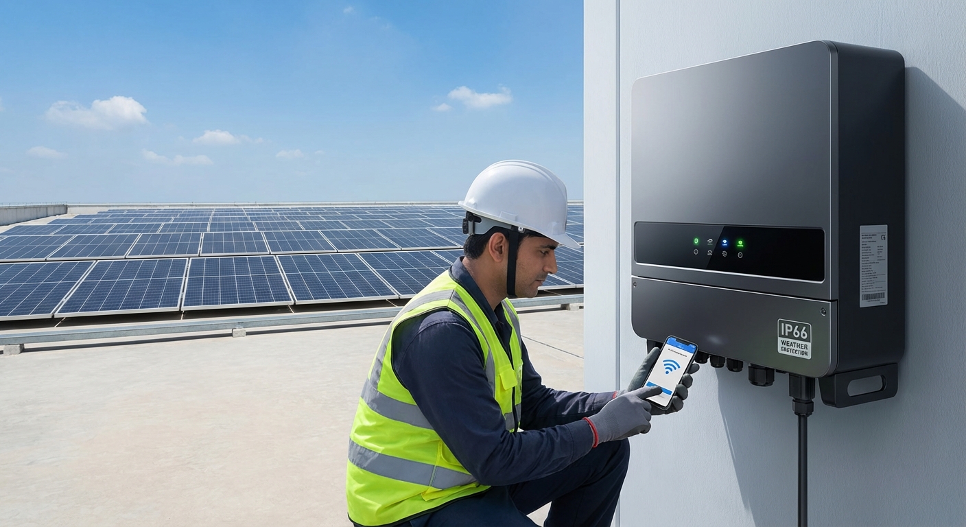 Technician configuring inverter monitoring system on rooftop solar installation in India