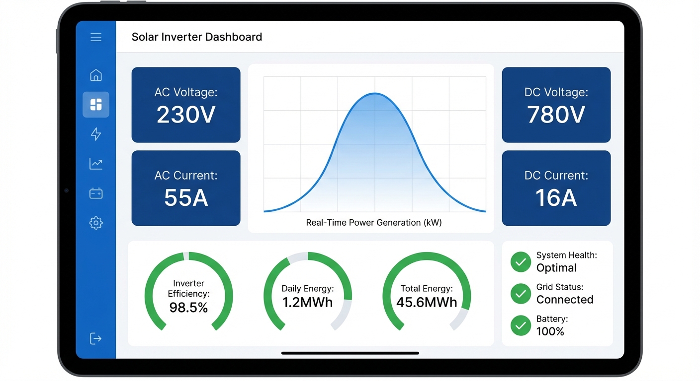 Comprehensive inverter monitoring interface displaying real-time performance metrics and analytics