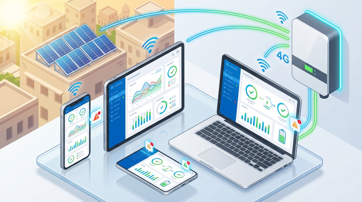 AI-powered solar inverter monitoring system showing real-time data on multiple devices for inverter brands comparison