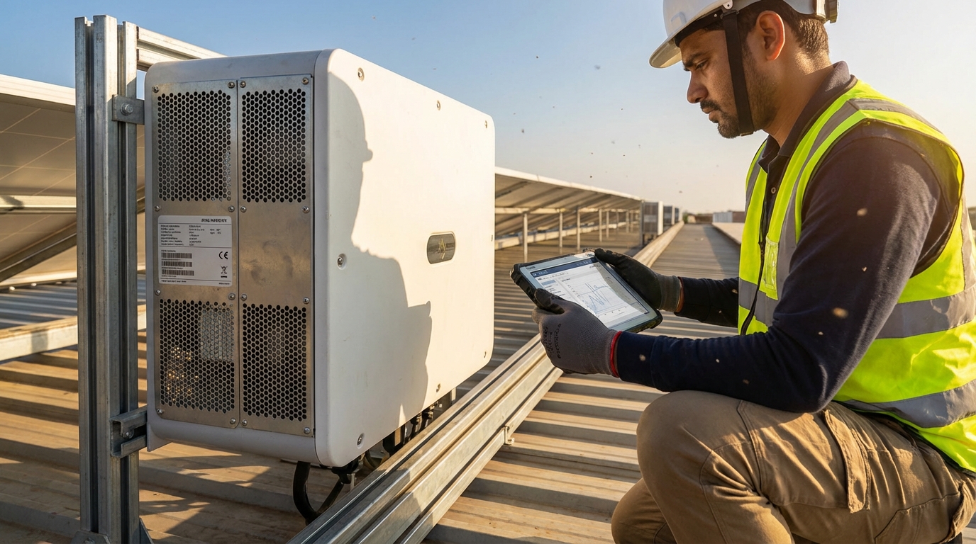 Professional technician performing inverter maintenance India inspection on rooftop solar installation