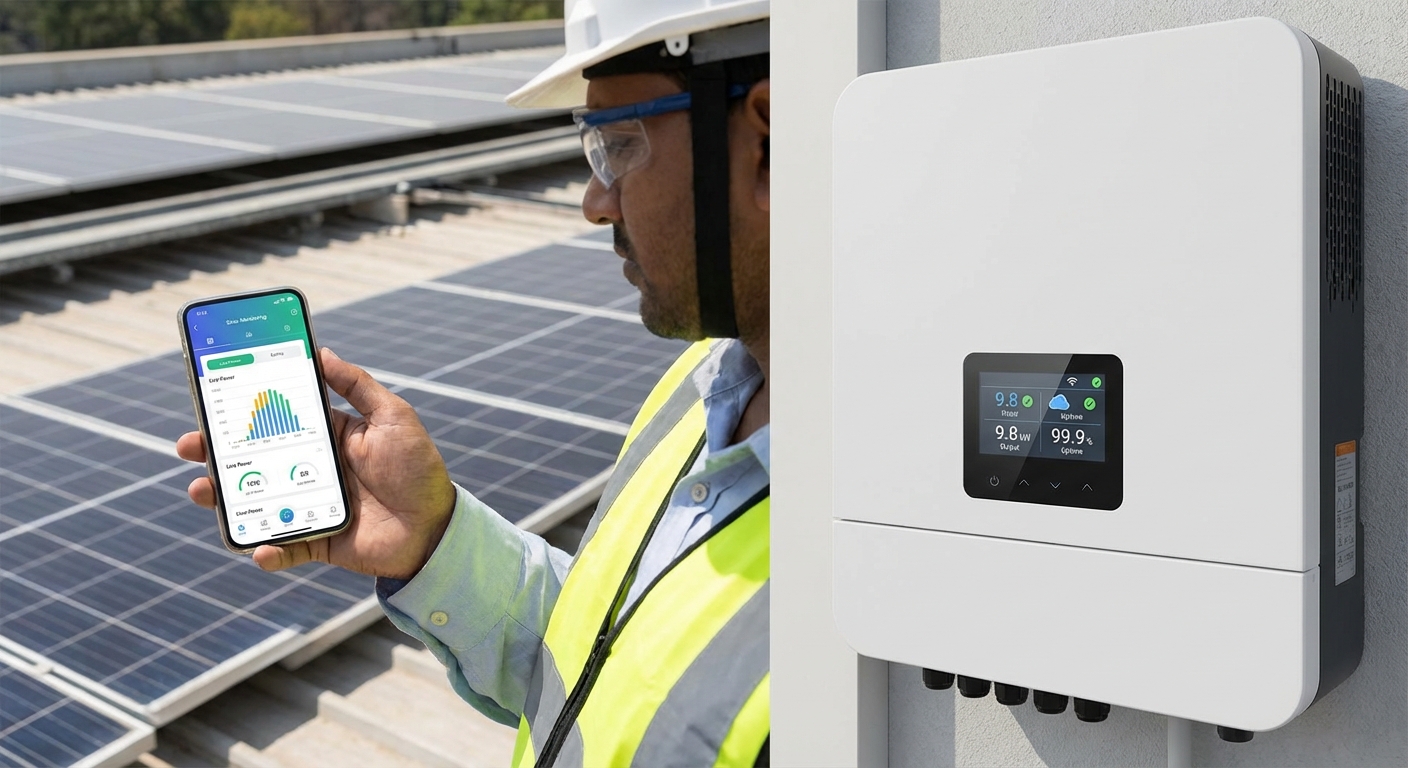 Technician configuring solar inverter monitoring system on smartphone during inverter commissioning