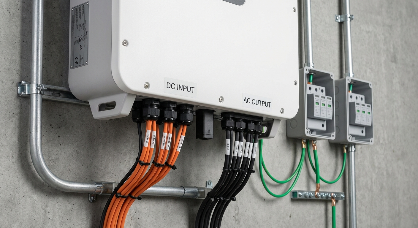 Close-up of solar inverter installation showing proper mounting, cable management, and inverter commissioning safety features
