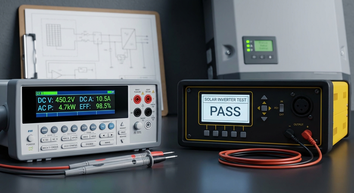 Digital testing equipment showing solar inverter commissioning performance metrics and efficiency readings