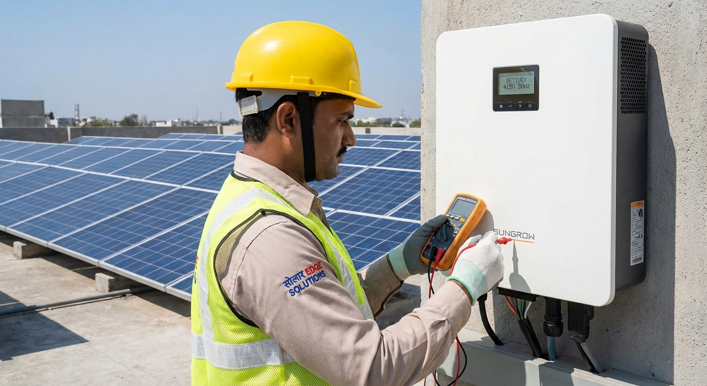 Professional solar technician performing inverter commissioning with testing equipment in India