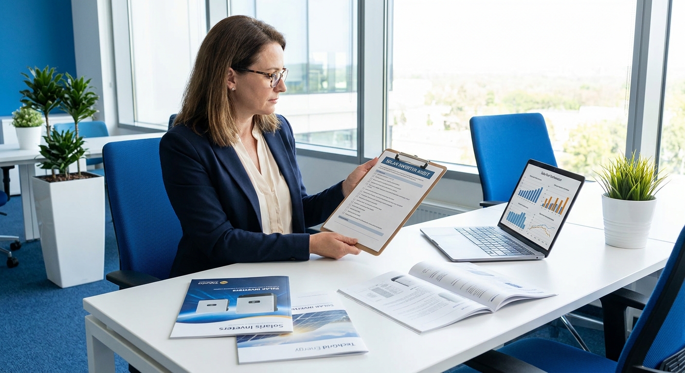 Solar procurement professional using inverter datasheet comparison checklist to evaluate multiple inverter options
