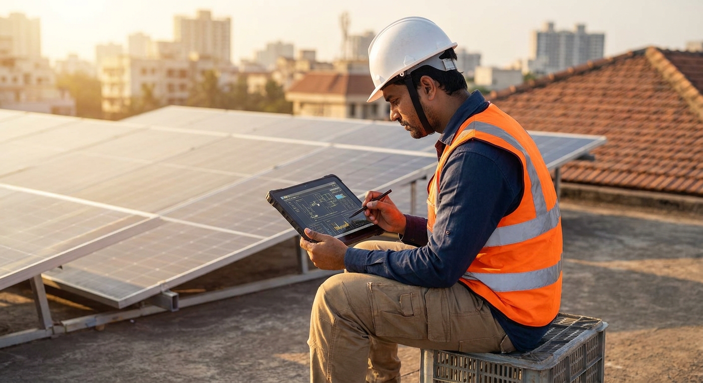 Solar EPC engineer reviewing inverter datasheet specifications on a rooftop installation site in India