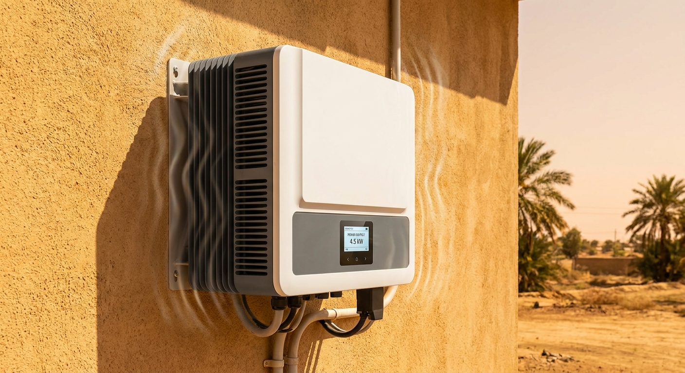 Solar inverter mounted outdoors in harsh Indian summer heat showing temperature derating conditions