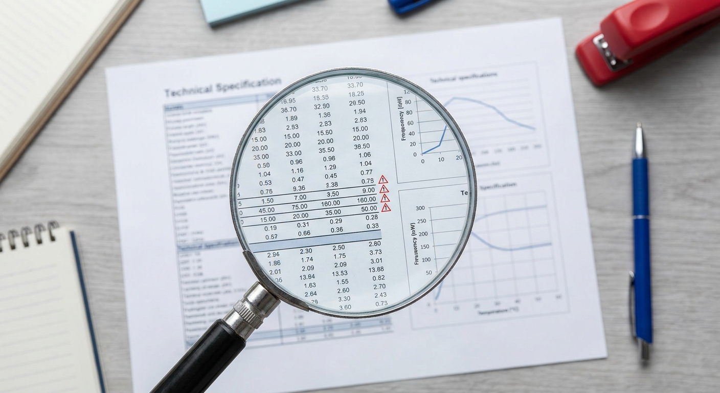 Magnifying glass over inverter datasheet highlighting red flags and misleading specifications