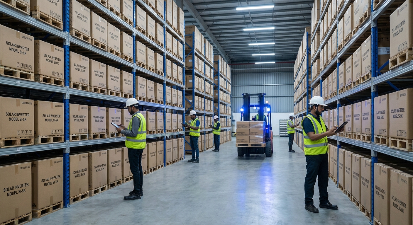 Organized warehouse showing inverter dealers India inventory management system