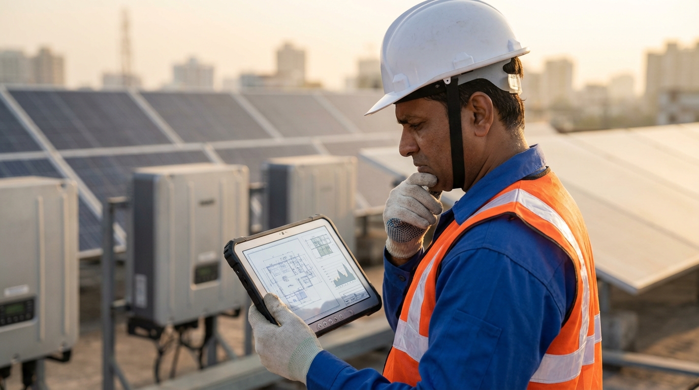 Smartphone displaying solar monitoring dashboard connected wirelessly to modern solar inverter with data visualization