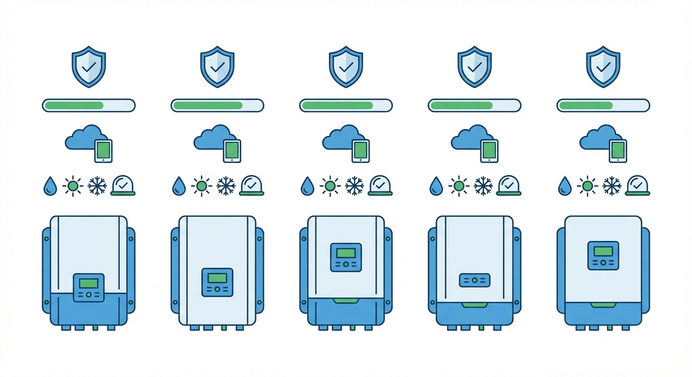 Solar inverter comparison infographic showing warranty coverage, efficiency ratings, monitoring capabilities and weather protection standards